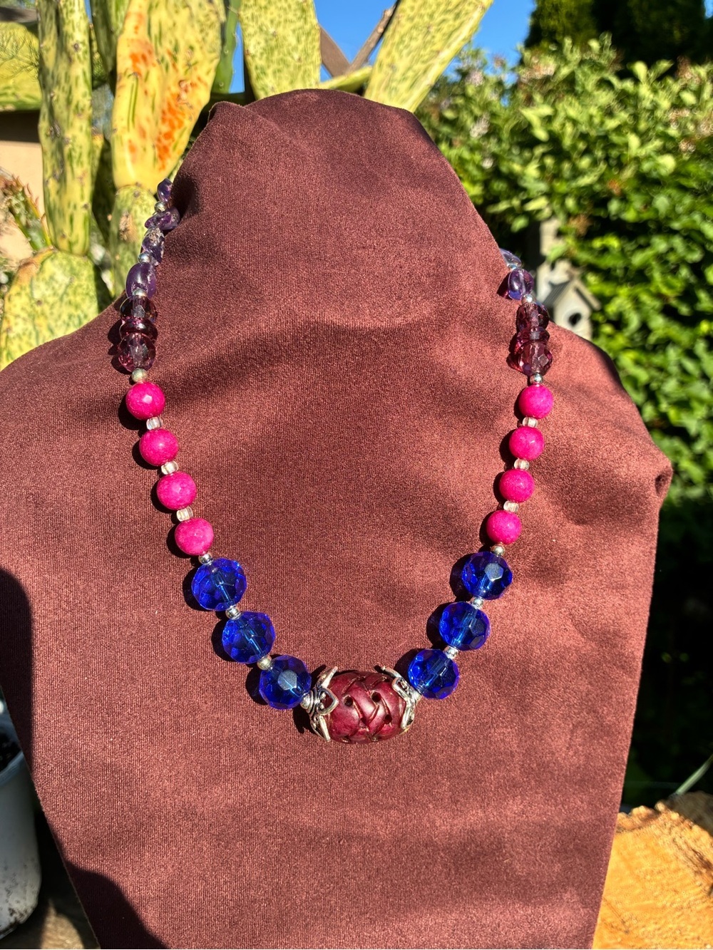 Handcrafted ruby and Blue glass Necklace -